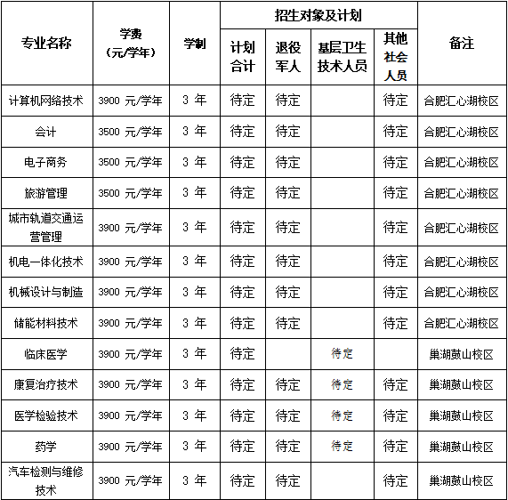 合肥职业技术学院高职扩招招生专业